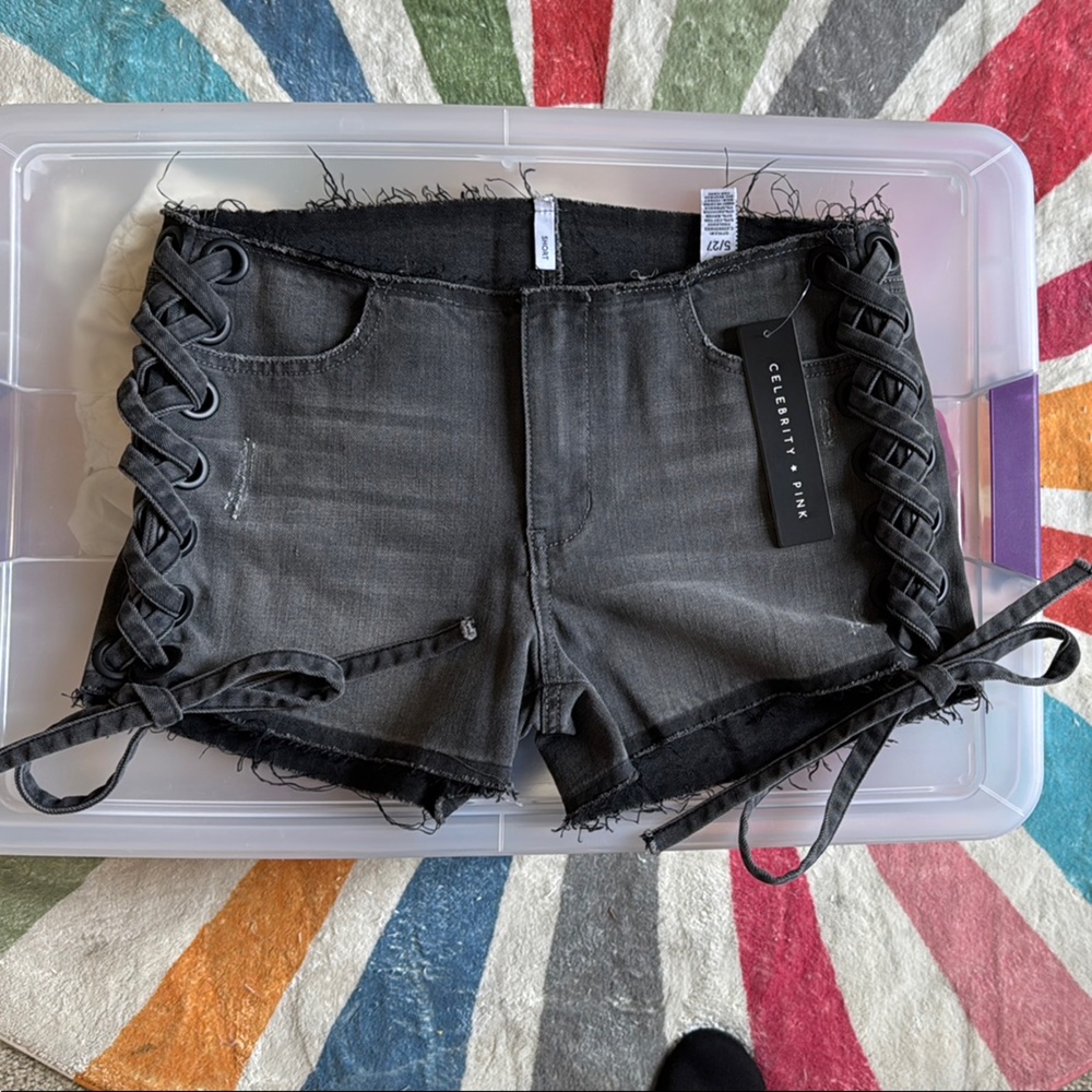 Celebrity Pink Dark Grey Black Lace-Up Denim Shorts